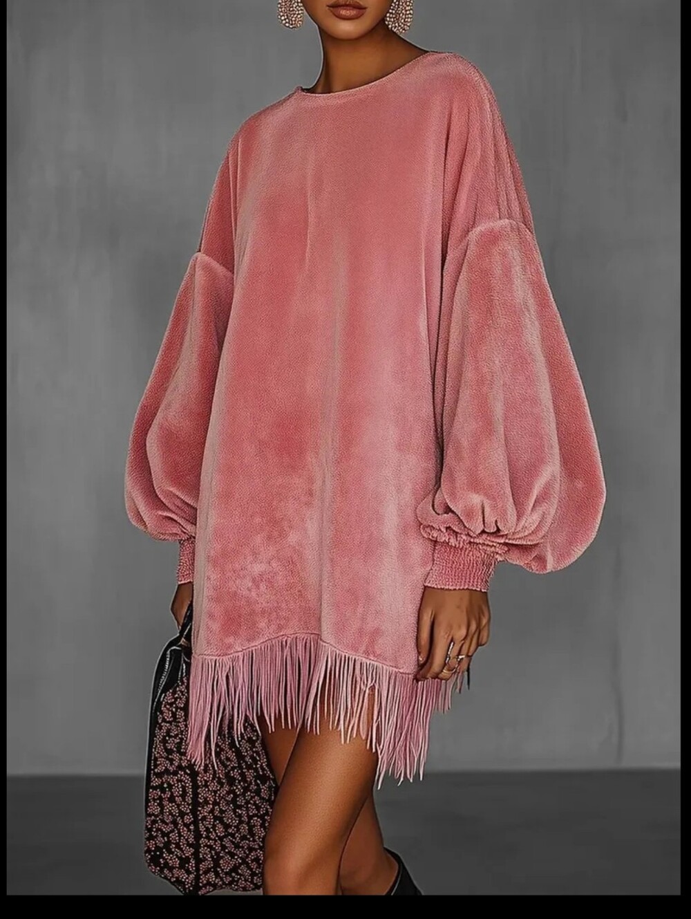 Blush Pink Velvet Fringe Tunic Dress - Picture 3 of 4